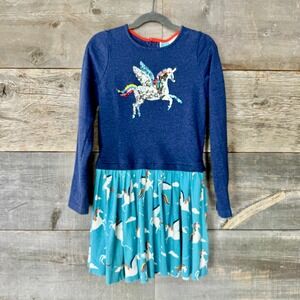 Mini Boden Girls Pegasus Sequin Long Sleeve Dress 8-9 Y Blue Whimsical Fairy